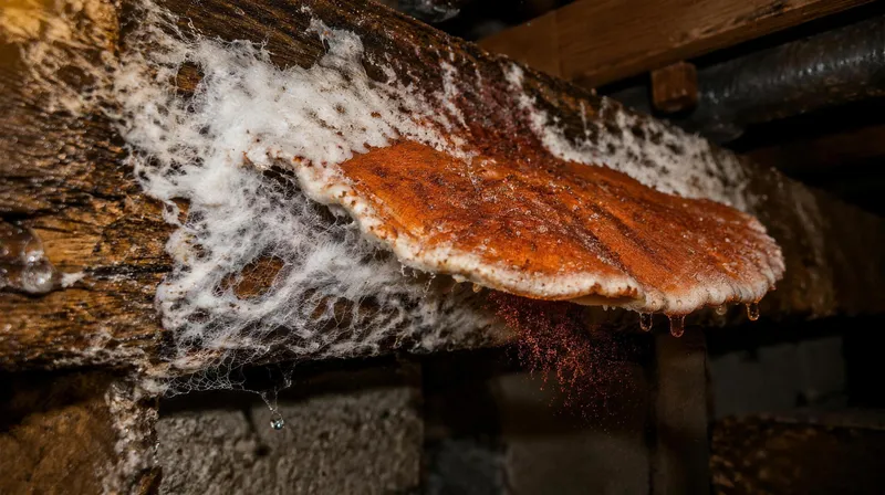 Mérule pleureuse avec filaments blancs sur une poutre de bois
