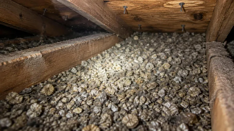 Isolant de vermiculite gris-brun entre les solives d'un entretoit