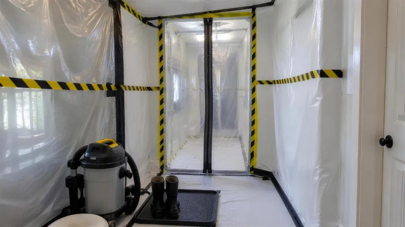 Sas d'entrée d'une zone de confinement en polyéthylène pour travaux d'amiante